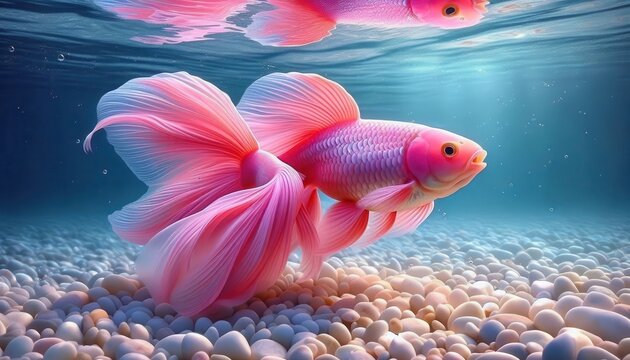 A single, elegant pink betta fish gracefully swims over a bed of white pebbles..Concept: Aquatic beauty, tranquility, underwater life.