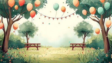 Festive birthday party invitation with an open area park decorated with balloons and picnic tables with a writing space in the center to include joyful birthday wishes and event details