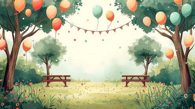 Festive birthday party invitation with an open area park decorated with balloons and picnic tables with a writing space in the center to include joyful birthday wishes and event details