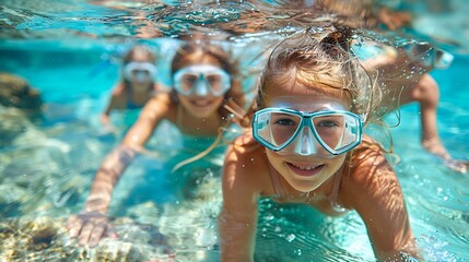 Fototapeta premium Children having fun underwater with goggles in a clear blue swimming pool or ocean, smiling at the camera, ideal for summer vacation, adventure, and family holiday concepts.