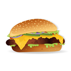 Vector illustration of realistic burger isolated on white background. Fast food. Icon for cafes, restaurants, delivery. 