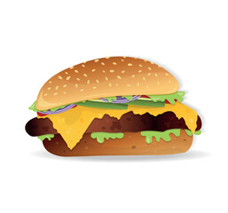 Vector illustration of realistic burger isolated on white background. Fast food. Icon for cafes, restaurants, delivery. 