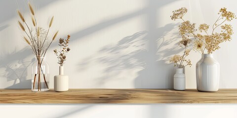 Wooden shelf with empty space, rustic style, decorated with vases and dry flowers, mockup