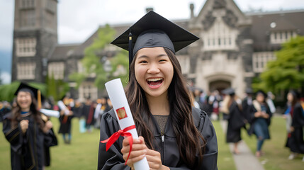 Ecstatic Asian graduate girl in cap and gown, proudly holding her degree, with a beautiful university campus and elated graduates in the background 