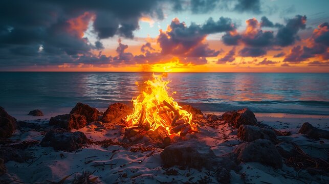 Festive retirement party invitation featuring an open area beach bonfire with sunset views with a writing space in the center for retirement wishes and celebration details