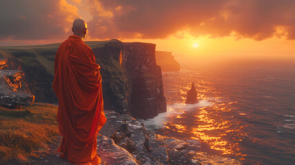 portrait of a buddhist monk standing alone on a cliff's edge at sunset,generative ai