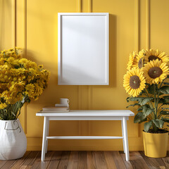 
a white empty photo frame mockup on the wall, the image frame must be on the center of image, sunflowers, Buttercream Yellow, Willow Green and color, spring inspired spring inspired