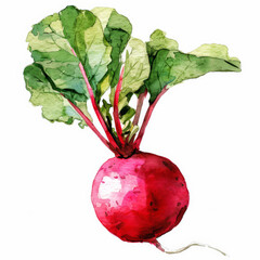 A watercolor illustration of a fresh radish, showing its bright red skin and green leafy tops, isolated on white background.
