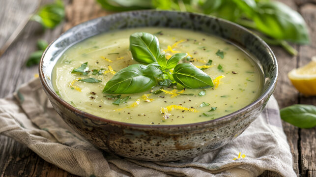 Rustic bowl of creamy zucchini puree soup, garnished with lemon zest and fresh basil, on a rustic wooden table with a linen napkin.