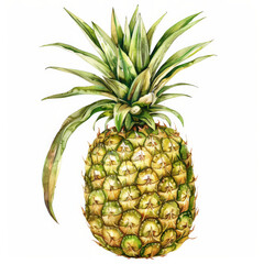 Fototapeta premium A watercolor painting of a fresh pineapple, with detailed textures of the spiky skin and green leaves, isolated on white background.