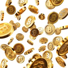 A lot of gold coins with dollar signs on them were flying in the air against a white background in the vector graphics game art style.