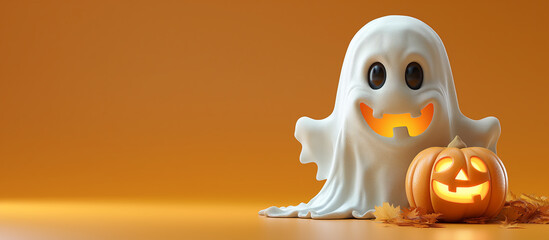 Obraz premium Cute ceramic ghost and pumpkin on an orange background, symbolizing Halloween, decorations, and spooky celebrations.
