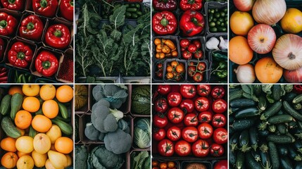 A grid of 8 photos showcasing an assortment of vegetables and fruits in market displays.