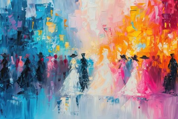 Fototapeta premium Halloween party with costumed figures, impressionist painting, warm and vibrant tones, energetic brushwork, festive spirit