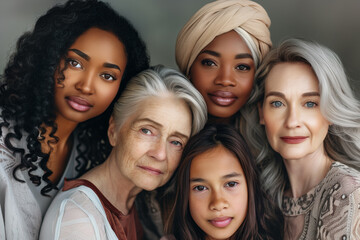 Fototapeta premium Portrait of diverse women across generations, celebrating beauty, unity, and strength in a multicultural group.