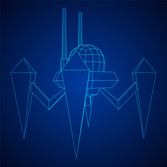Spider robot with radar antenna. Nanobot, nanotechnology medical concept. Wireframe low poly mesh vector illustration