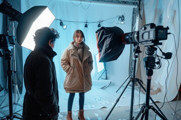 A professional photographer captures a fashion photoshoot in a well-lit studio The model poses with elegance showcasing a new clothing collection The scene includes various lighting equipment and a