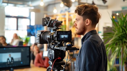 A corporate videographer films a promotional video for a tech startup The video includes interviews with the founders product demonstrations and footage of the team working in the office The