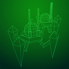 Spider robot with radar antenna. Nanobot, nanotechnology medical concept. Wireframe low poly mesh vector illustration