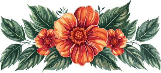 flowers and foliage in color style, 3 petaled blooming flowers in red with green foliage isolated on white