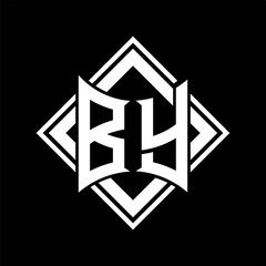 BY Letter logo abstract shield shape with square white outline on black background template