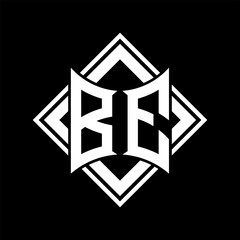 BE Letter logo abstract shield shape with square white outline on black background template