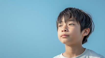 photo portrait of a handsome young Asian model teen boy looking forward. child ad with copy space, cute, kids, children