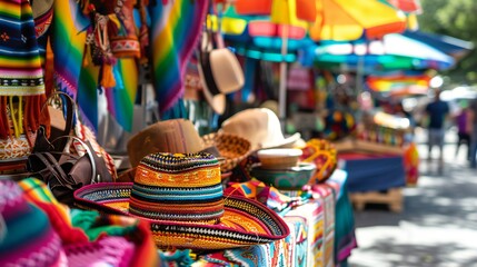 Fototapeta premium A vibrant street market with colorful Hispanic crafts and foods, captured in high definition for Hispanic Heritage Month.