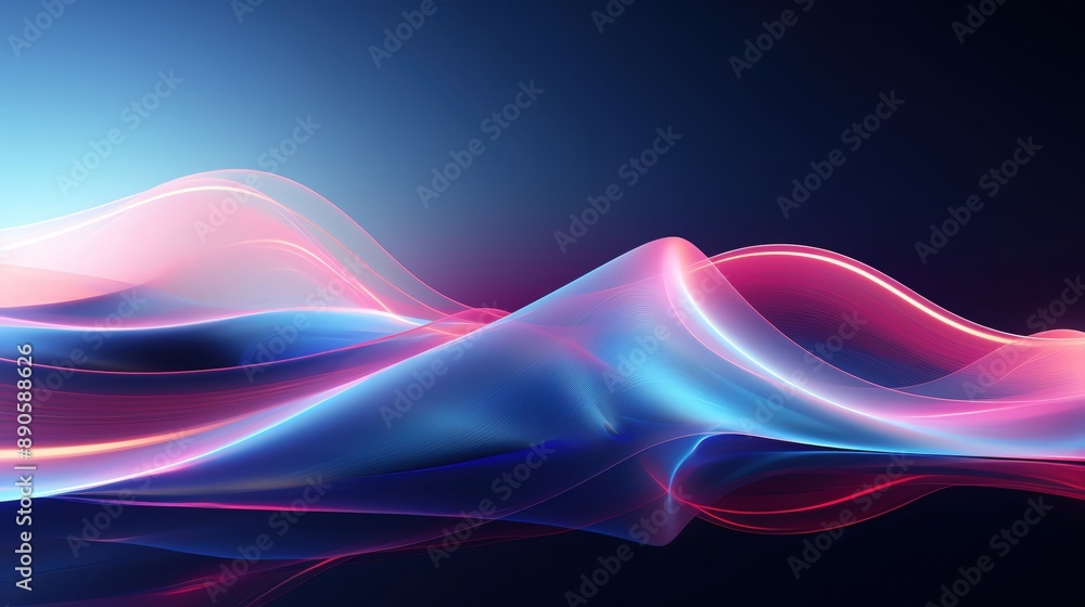 Poster a vibrant abstract wave pattern with flowing lines and gradients in blue and pink, creating a dynami