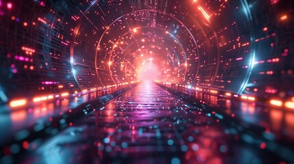 Obraz premium A Futuristic Tunnel With Neon Lights And A Glowing Pathway