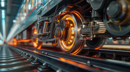 Obraz premium Close-up view of train wheels on railway track with glowing orange highlights indicating motion or heat.