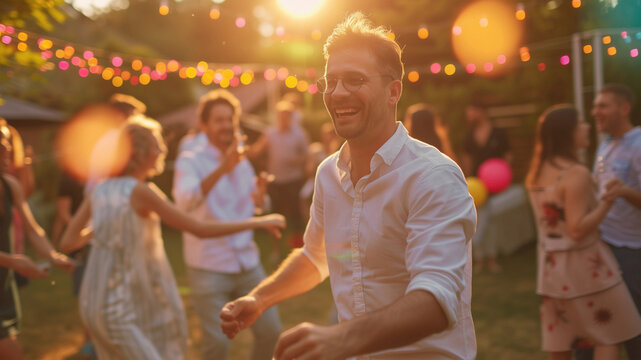 Tanzender Mann bei Gartenparty im Sommer