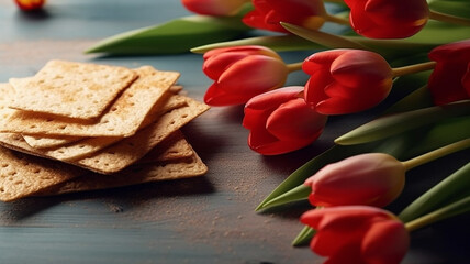 matzo with tulips flowers pesach celebration concept jewish passover holiday, Generative AI.
