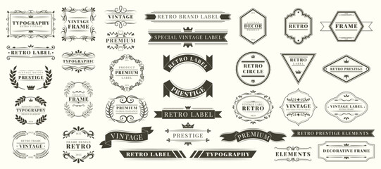 Element design. Logo retro collection, elegant text, decoration ornament graphic. Label, geometric frame, ribbon flourish, swirl luxury, crown antique. Elegant filigree form. Vector garish calligraphy © Natalia