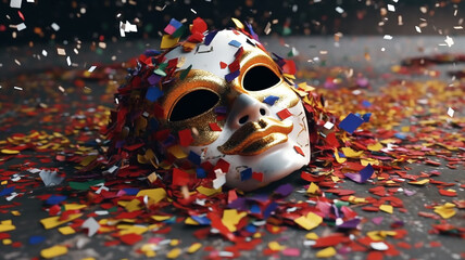 mask and confetti on the floor , Generative AI.