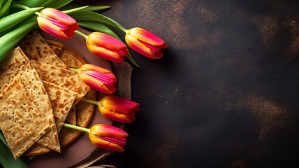 matzo with tulips flowers pesach celebration concept jewish passover holiday, Generative AI.