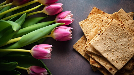 matzo with tulips flowers pesach celebration concept jewish passover holiday, Generative AI.