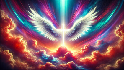 Glowing Cross With Angel Wings in Vibrant Sky of Colors and Clouds