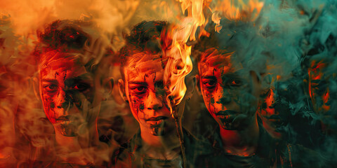 The Burning Issue: A single burning torch illuminates the solemn expressions of a group of protestors, their faces daubed in red paint.