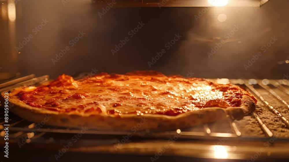 Poster a shot of a pizza being cooked in an electric oven with the heating elements visible above and below