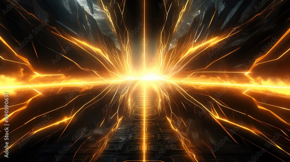 Poster fiery orange light beams radiate from a bright center point, creating dynamic energy patterns agains