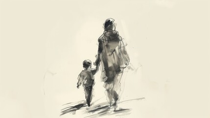 Fototapeta premium A minimalist sketch of a mother and child walking together, holding hands.