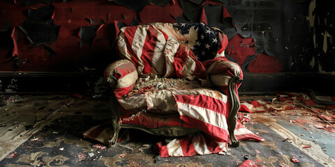 Naklejka premium The Fractured Banner: A torn American flag, draped over a chair