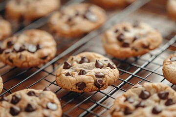Close-up of freshly baked chocolate chip cookies on a cooling rack.