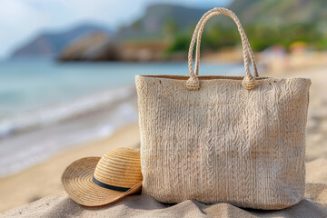 Straw Beach Hat and Tote Bag on Sandy Beach
