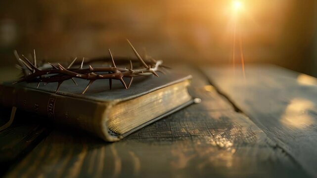 Bible with crown of thorns representing Jesus Christ, faith, and Christianity in church. Perfect for illustrating religious concepts and beliefs