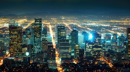 Obraz premium A panoramic view of a bustling city skyline at night, with lights twinkling.