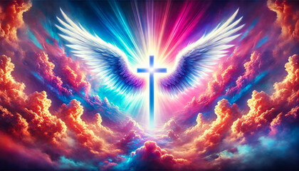 Radiant Cross With Angel Wings Against a Colorful Vibrant Cloudy Sky