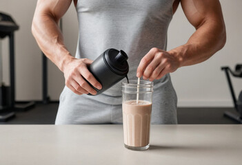  Person at a gym mixing a protein shake in a shaker bottle. 