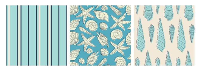 Set with marine seamless patterns. Summer time, sea, underwater, seashels. Hand-drawn vector illustration for wrapping paper, wallpaper, notebook cover.
